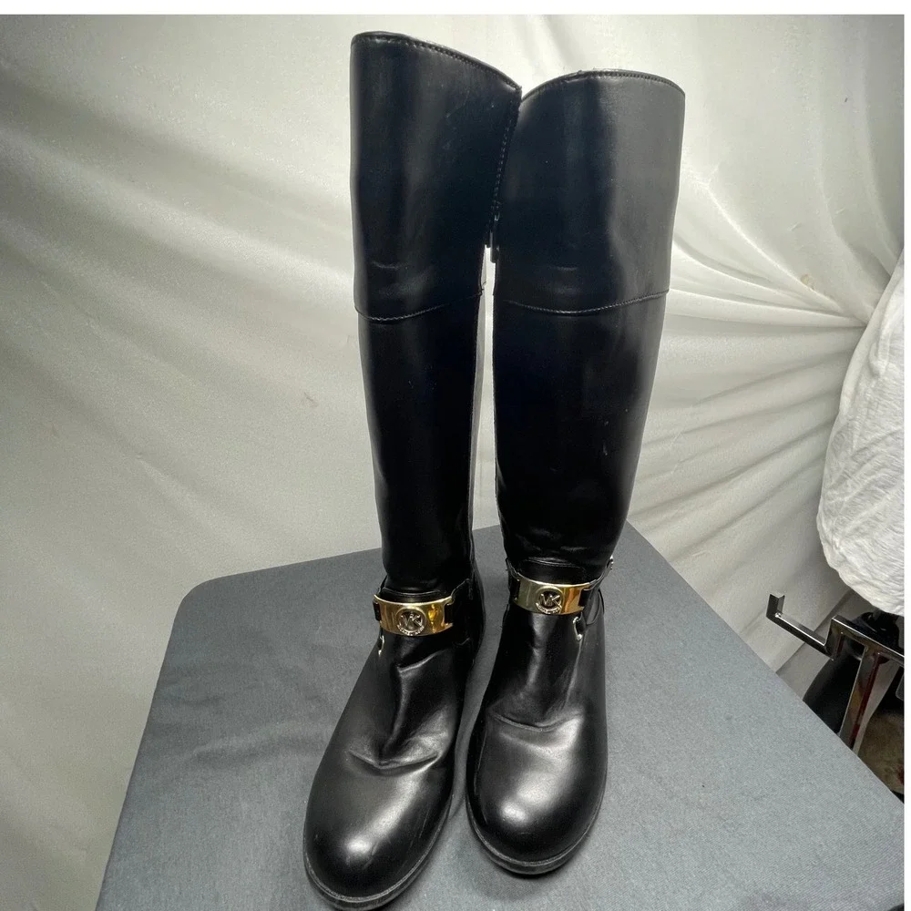 Michael Kors Women Riding Boot Black Faux Leather 5 Rivera Gold Hardware